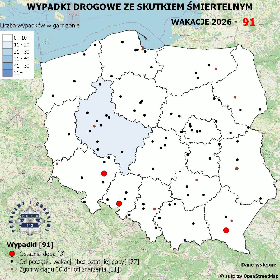 Mapa prezentująca liczbę wypadków poprzedniej doby w Polsce. Prezentowane dane są dostępne w tekście poniżej.
