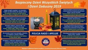 Na obrazie widać rady policjantów. Rady są na pomarańczowym tle. Dotyczą Dnia Wszystkich Świętych.