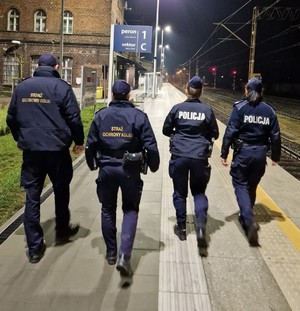 Na obrazie widać policjantki i funkcjonariuszy SOK na dworcu kolejowym w Pleszewie. Idą wzdłuż torów i patrolują teren.. Funkcjonariusze są skierowani tyłem do zdjęcia