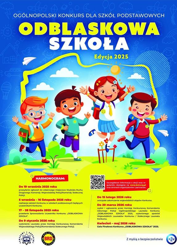 Odblaskowa szkoła. Plakat przedstawiający ogólnopolski konkurs dla szkół podstawowych. Edycja 2025. Na zdjęciu są dzieci uśmiechnięte, które biegną. W tle kontur Polski.