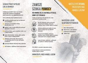 Handel ludźmi, wiedza, która ratuje życie, plakat na którym opisane są rady jakie są uprawnienia potencjalnych ofiar i co to jest handel ludźmi