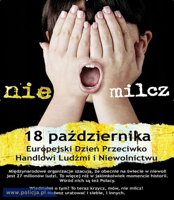 Plakat Nie milcz, dziecko ma zasłonięte oczy. Europejski Dzień przeciw handlowi ludźmi